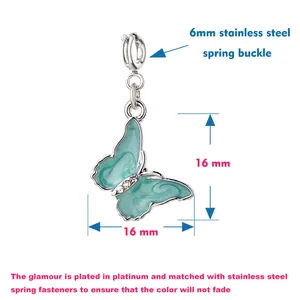 Detail view showing 16mm butterfly charm size and 6mm stainless steel buckle specifications.