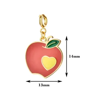 Detailed view and dimensions of a red apple enamel charm with heart in 18K gold plated finish