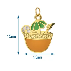 Summer drink cocktail charm pendant in gold stainless steel, size 15mm by 13mm detail.