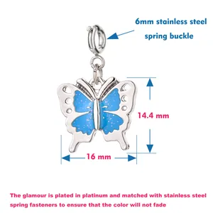 Detail view of a blue butterfly charm with dimensions 14.4mm and 16mm with buckle.