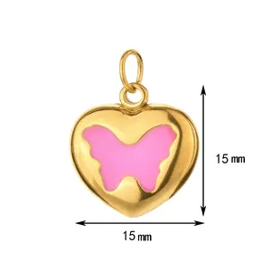 Detail view of 15mm x 15mm stainless steel heart pendant with pink butterfly enamel inlay