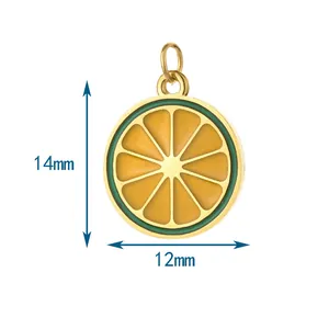 Close-up detail of stainless steel orange slice pendant with dimensions 14mm by 12mm