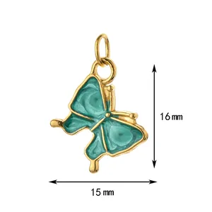 Detail view showing dimensions of green enamel butterfly pendant, 16mm height x 15mm width.