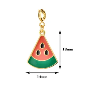Close-up detail of a watermelon enamel charm showing dimensions 18mm height and 14mm width