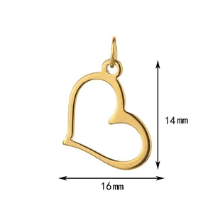Detail view of a gold heart pendant with 14mm and 16mm dimension markings.