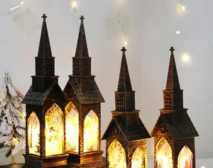 Lanterne natalizie vintage a LED a forma di chiesa con decorazione pupazzo di neve