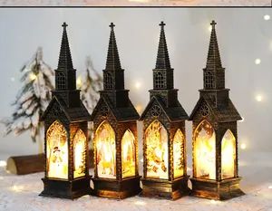 Set di 4 lanterne di Natale vintage in bronzo a forma di chiesa con calde luci a LED