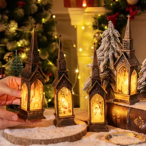 Lanterne decorative vintage a forma di chiesa di Natale con luce LED calda per arredi festivi