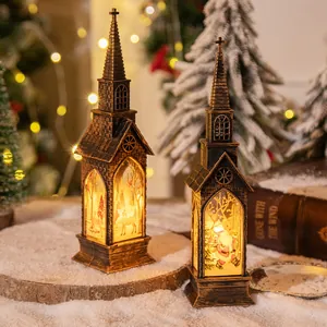 Lanterne da chiesa natalizie in bronzo vintage con luce LED e scene festose di renne.