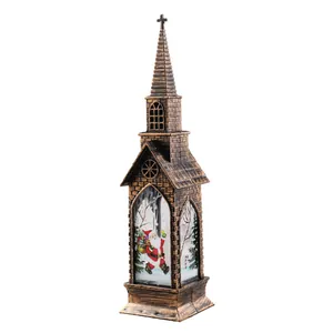 Lanterna di Natale vintage a forma di chiesa in bronzo con scena decorativa di Babbo Natale