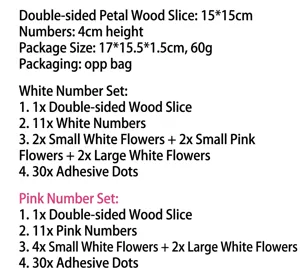 Detailed specifications for wooden baby milestone set including size and contents