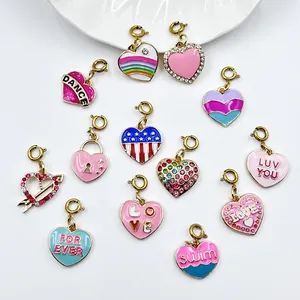 Colorful heart-shaped alloy enamel charms with rhinestones and engraved words