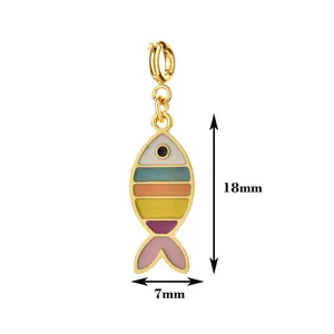 Detailed view of colorful enamel fish pendant with 18mm height and 7mm width dimensions