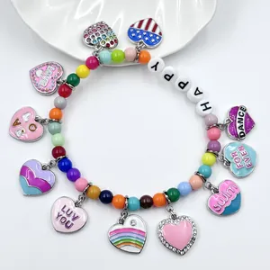 Detailed view of a colorful beaded heart charm bracelet with 'HAPPY' letter beads.