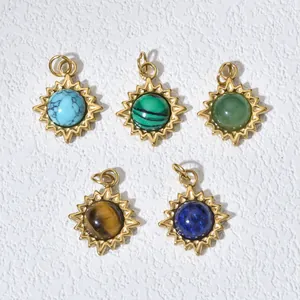 Variety of gold stainless steel sun pendants featuring different natural stone centers