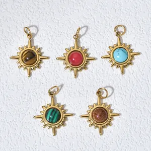 Detailed group of sun-shaped stainless steel charms with various natural stone inlays.