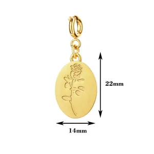 Detail view of gold-plated oval pendant with rose engraving and 22x14mm measurements