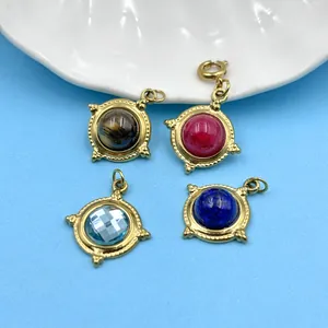 Vintage 18K gold plated titanium steel round charms with colorful natural stone insets.