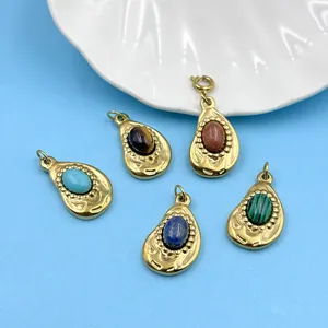Assorted teardrop titanium steel pendants with colorful natural stones for DIY