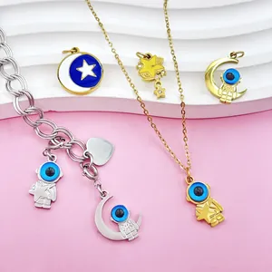 Weltraum-Astronauten- und böse Blick-Anhänger an Edelstahl-Halsketten- und Armbandset