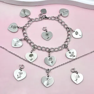 Détails de pendentifs cœur en acier inoxydable argenté avec fleurs de naissance