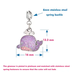Detail view showing 16mm purple whale charm dimensions and platinum plating info.