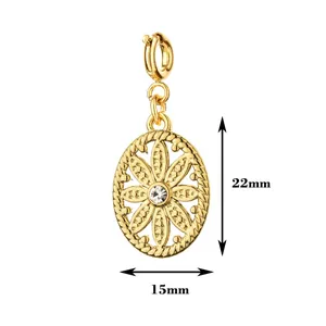 Detailed 18K gold plated stainless steel floral pendant with 22mm by 15mm size labels