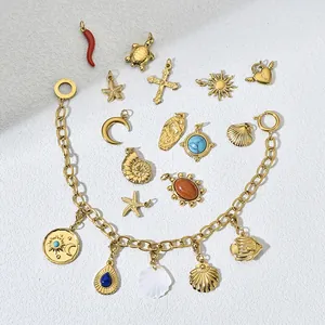 Assortment of gold-plated titanium steel charms with natural stones for DIY jewelry