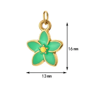 Small green enamel daisy pendant showing 16mm height and 13mm width dimensions.