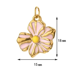 Detailed view of pink enamel daisy flower pendant for DIY jewelry, 18x15mm size