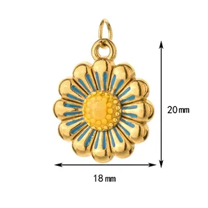 Close-up of a blue and gold enamel daisy pendant showing 20mm by 18mm dimensions.