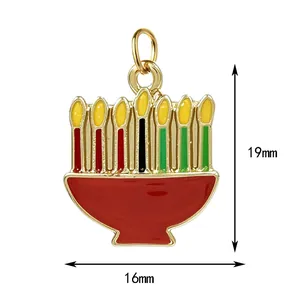 Detailed view of colorful enamel alloy Kinara charm pendant for Kwanzaa holiday jewelry