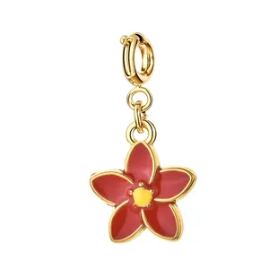 Red enamel flower pendant in gold stainless steel for DIY jewelry making