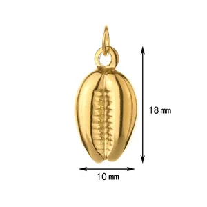 Macro detail of golden stainless steel cowrie shell pendant with 18mm height dimension