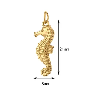 Detailed macro view of golden stainless steel seahorse pendant with dimensions 21x8mm