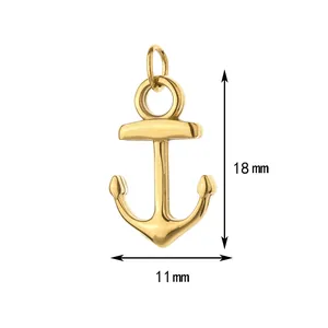 Detailed view of a gold stainless steel anchor pendant with 18mm by 11mm dimensions