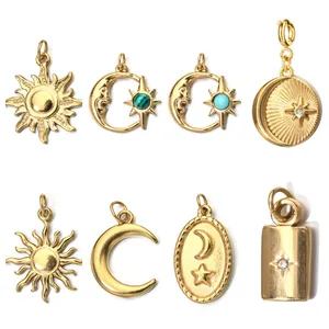 Pendentif en Acier Inoxydable Pierre Naturelle Soleil Lune Étoile Plaqué Or 18K Rétro Accessoire de Bijoux DIY pour Collier