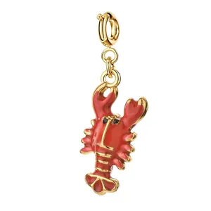 Vibrant red lobster enamel charm pendant in gold-toned stainless steel for DIY jewelry
