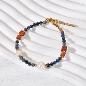 Detail view of the elegant bracelet with blue sodalite beads and freshwater pearls