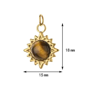 Detail view showing 18x15mm dimensions of a gold sun pendant inlaid with tiger eye stone