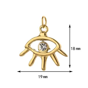 Gedetailleerd overzicht van een vergulde boze oog hanger met stras en afmetingen