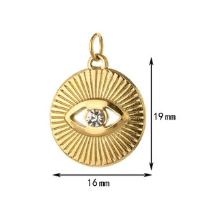 Gedetailleerde weergave van gouden boze oog hanger met afmetingen 16 mm breed en 19 mm