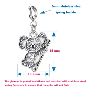 Macro view of koala pendant showing 13.3mm width and 6mm stainless steel spring buckle