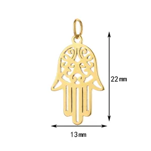 Gedetailleerd overzicht van een gouden Hamsa-handhanger van 13 mm bij 22 mm.