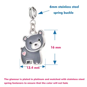Close-up of grey bear charm with 16mm height and 13.4mm width dimensions and buckle info