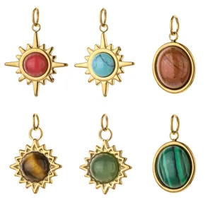 Stainless Steel Natural Stone Sun Starburst Oval Pendant Charms For DIY Jewelry Making Gold Plated Necklace Bracelet Accessory