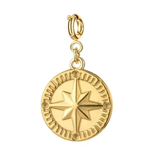 Gold stainless steel round compass pendant with eight-pointed star for DIY jewelry.