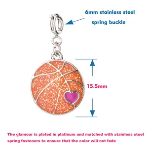Basketball charm with 15.5mm diameter and 6mm stainless steel spring buckle detail