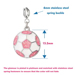 Detailed view of pink enamel soccer pendant with 6mm stainless steel spring buckle.
