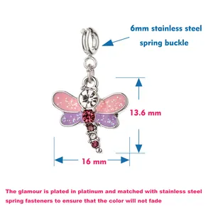 Detailed view of enamel dragonfly charm with size specs and stainless steel buckle